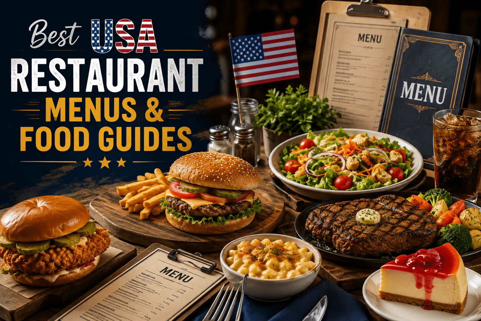 A spread of various popular American restaurant meals representing the best USA restaurant menus