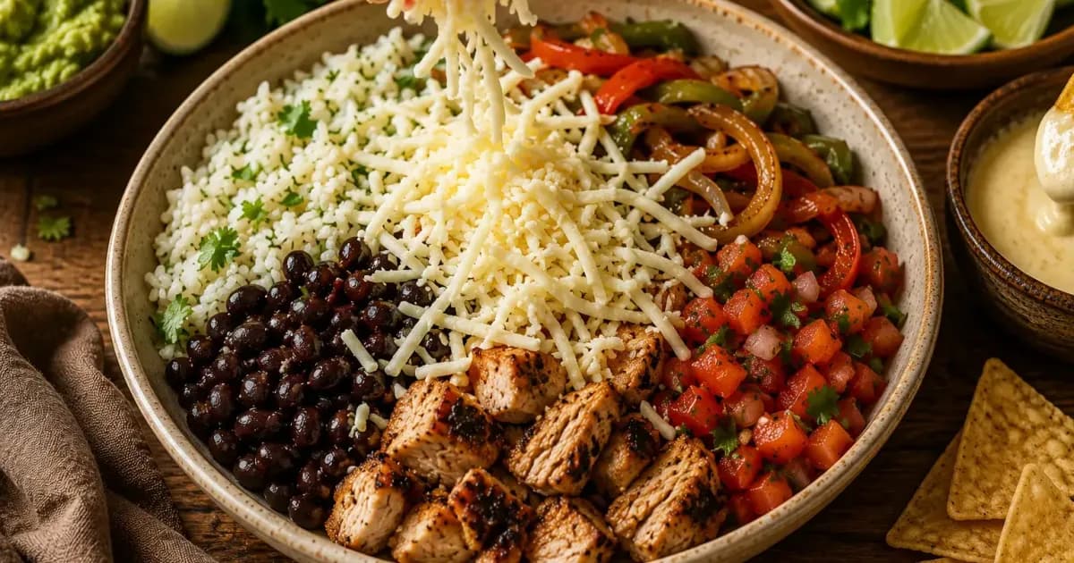Shredded Monterey Jack cheese sprinkled over a Chipotle-style burrito bowl with rice, black beans, chicken, salsa and queso on the side