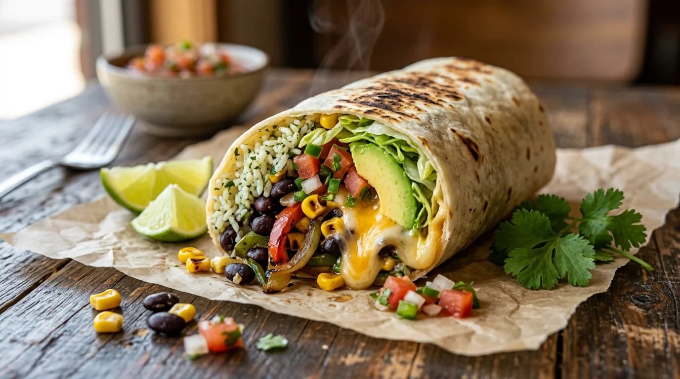 Veggie Burrito - Vegan burrito with fresh vegetables and guacamole Veggie Burrito - Vegan burrito with fresh vegetables and guacamole