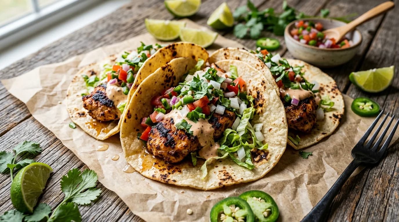Three soft tacos with protein, salsa, and fresh toppings Three soft tacos with protein, salsa, and fresh toppings