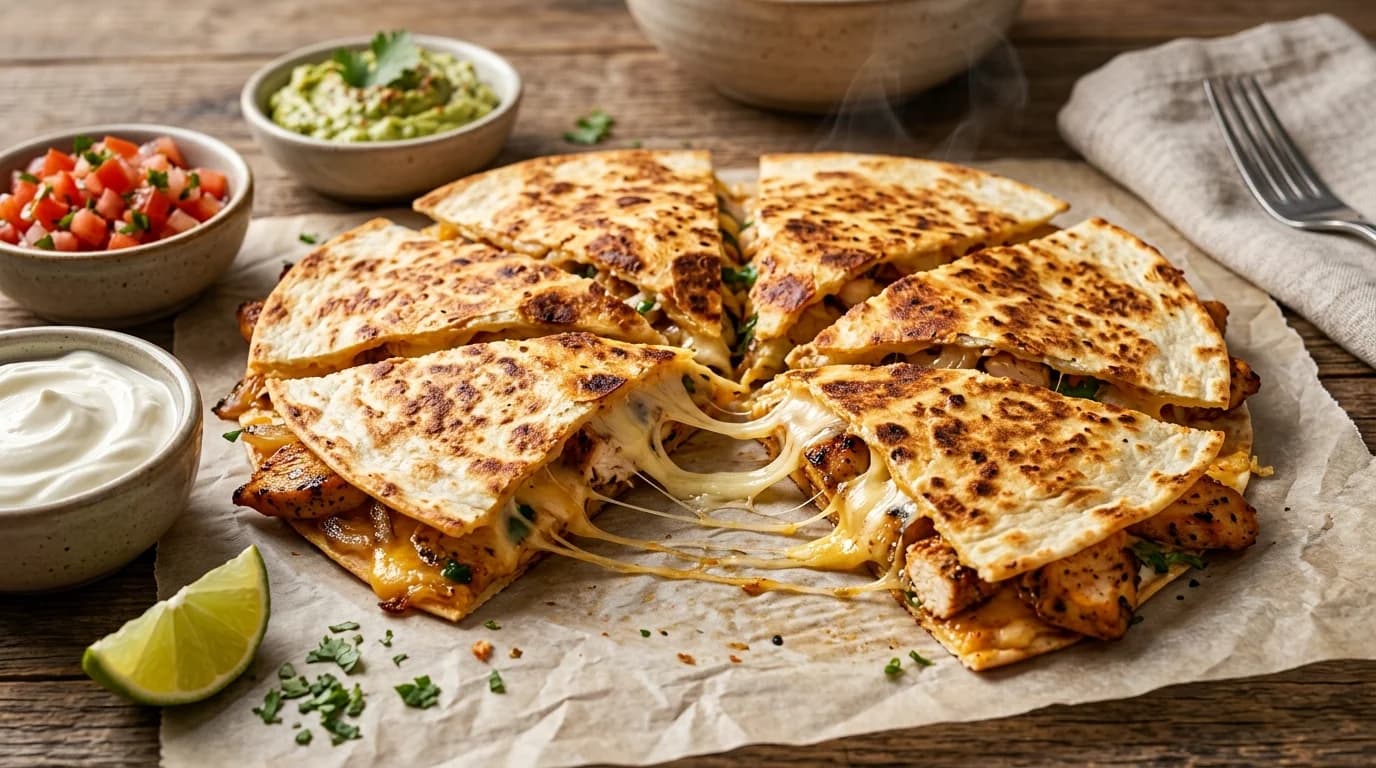 Grilled flour tortilla quesadilla with melted cheese Grilled flour tortilla quesadilla with melted cheese