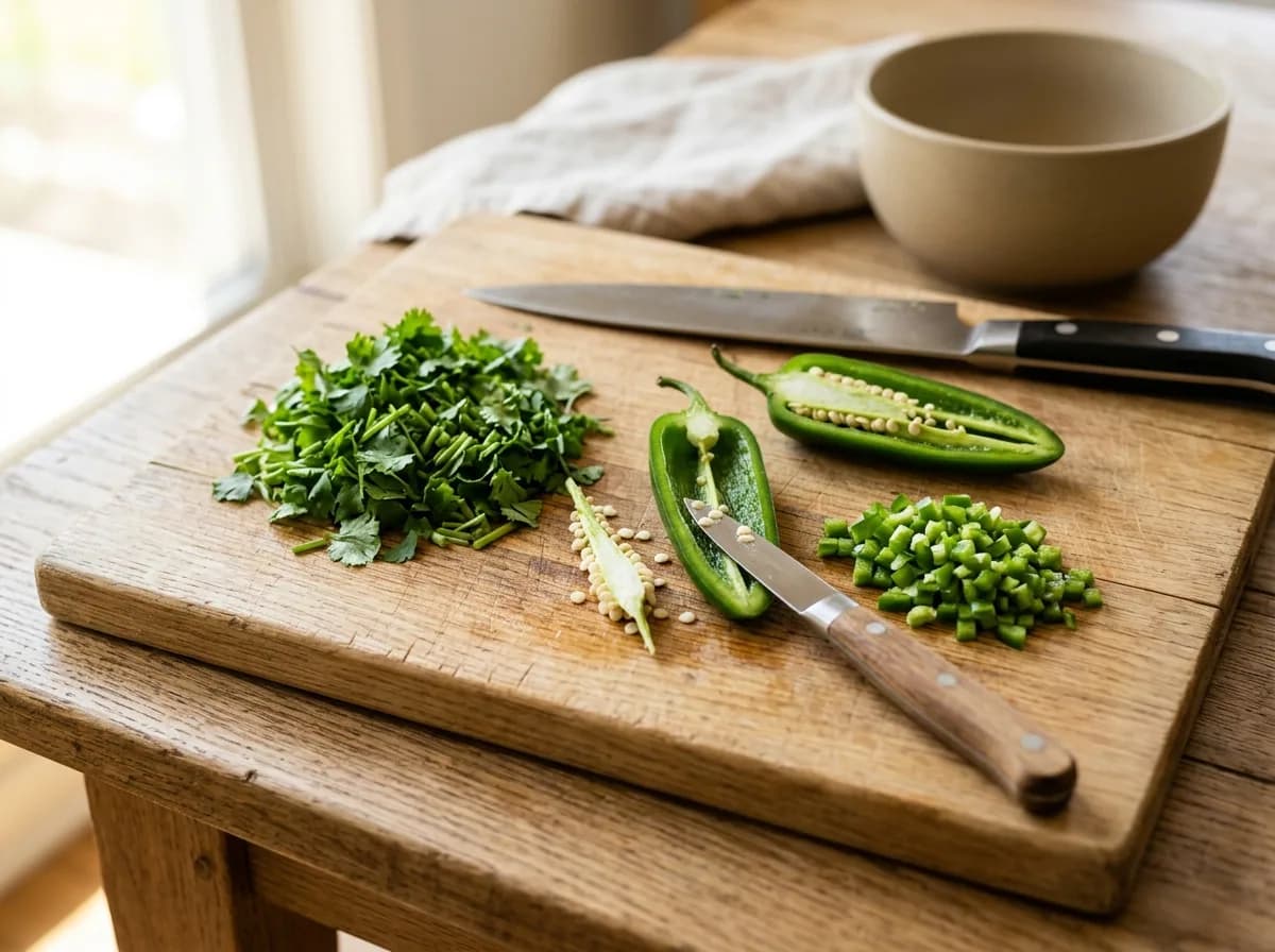 Chopped cilantro on a wooden cutting board beside a jalapeño split open with half its seeds scraped out and a pile of diced jalapeño