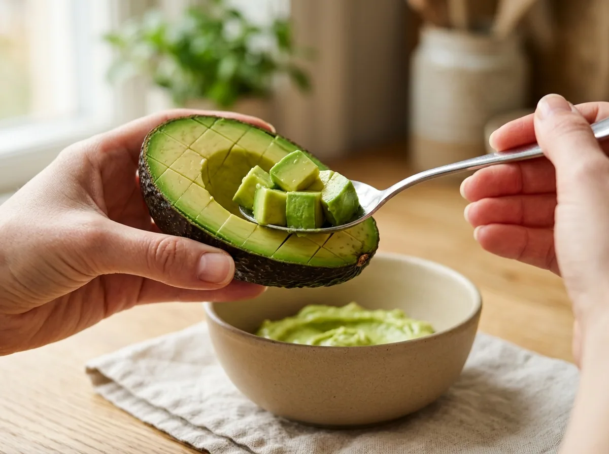 Spoon lifting half-inch avocado cubes out of a scored Hass avocado above a bowl of mashed avocado