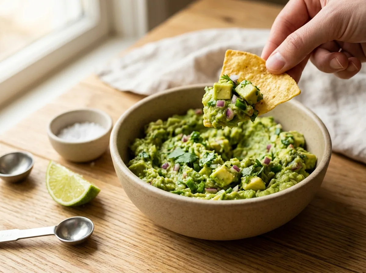 Tortilla chip scooping chunky guacamole from the bowl, with a lime wedge, kosher salt and measuring spoons nearby