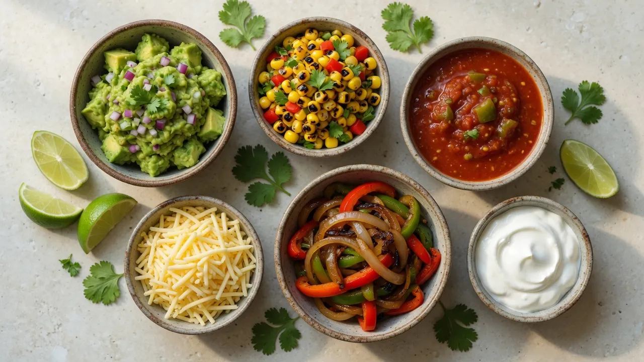 Close-up of Chipotle toppings: guacamole, salsas, cheese, fajita veggies and sour cream