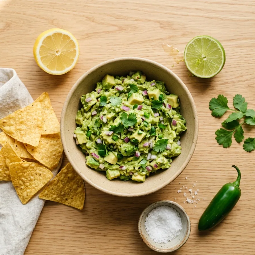 Chunky Chipotle-style guacamole in a sand-colored bowl, topped with avocado cubes, red onion, cilantro and jalapeño, with tortilla chips, lime and kosher salt